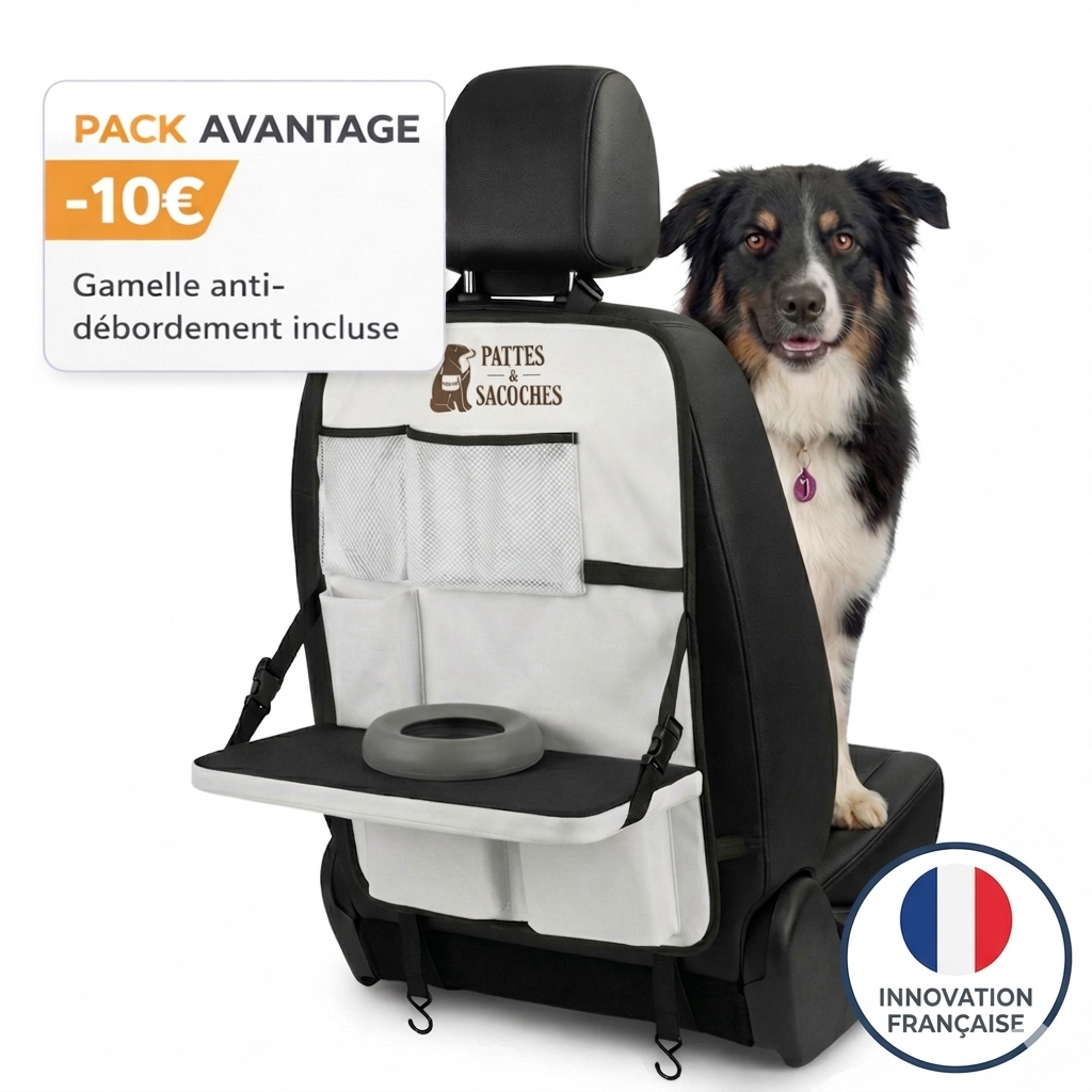 Organisateur voiture chien : plateau rigide  antidérapant, relevable, waterproof et sa gamelle en silicone. 